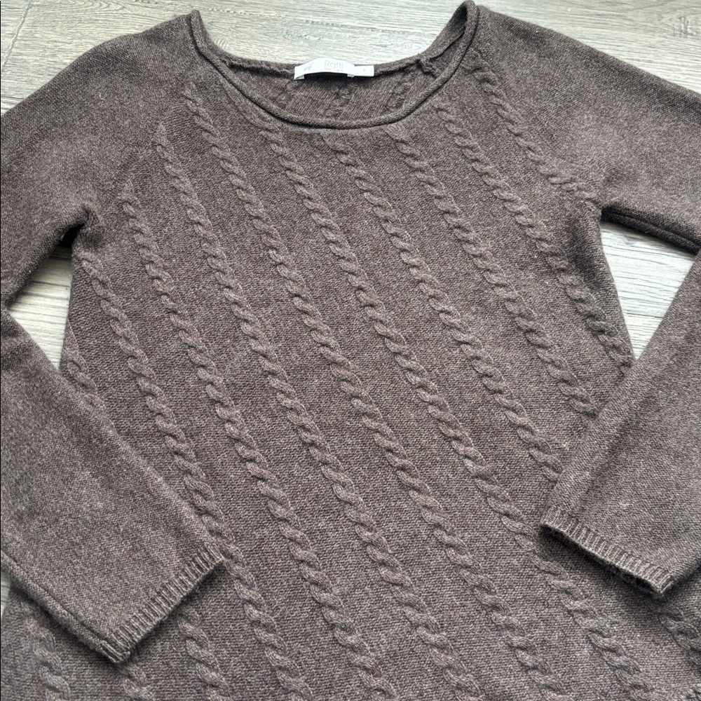 Raffi |100% Cashmere Chocolate Brown Cable Knit Scoop Neck Sweater Fringe Hem SM - Picture 4 of 14